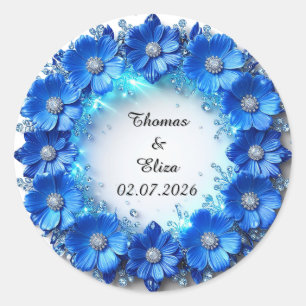 Wedding Wreath of Sparkling Blue Flowers Classic Round Sticker