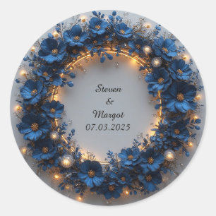 Wedding Wreath with Blue Flowers and Glowing Light Classic Round Sticker