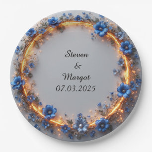 Wedding Wreath with Blue Flowers and Glowing Light Paper Plate