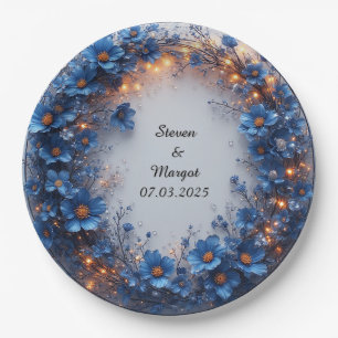 Wedding Wreath with Blue Flowers and Glowing Light Paper Plate