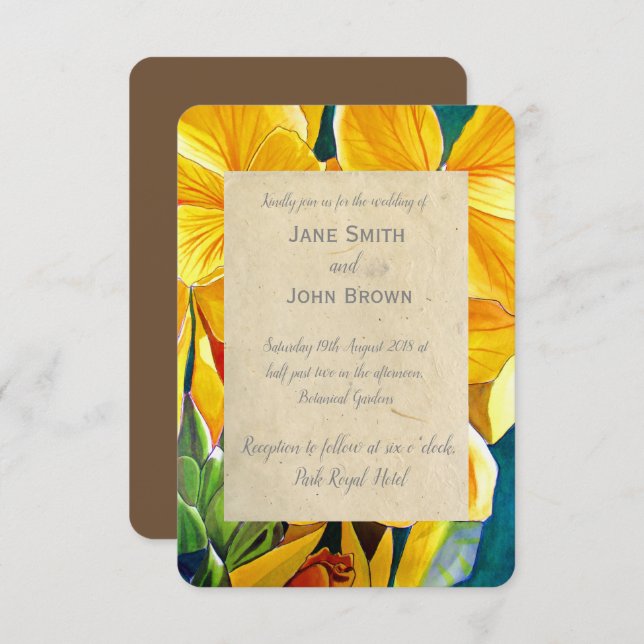 Wedding yellow flowers watercolour art rustic invitation (Front/Back)