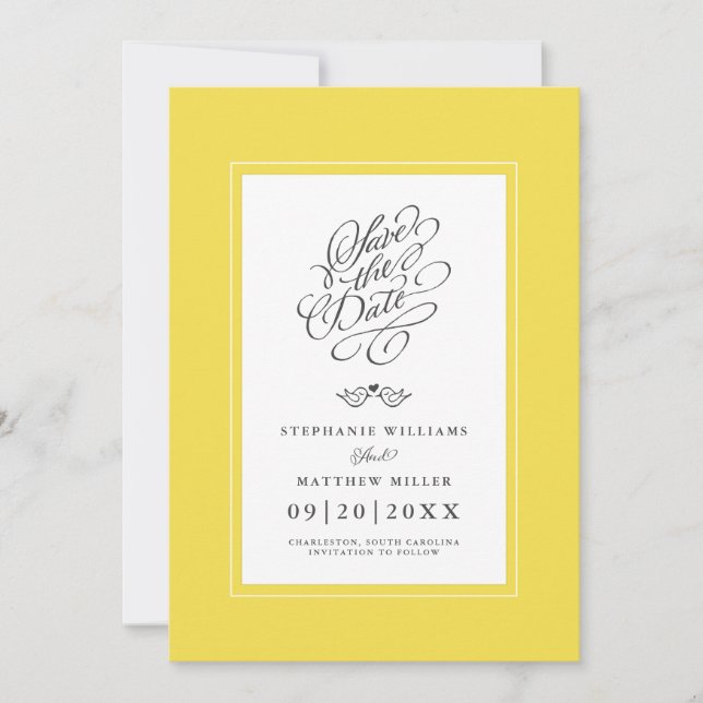 Wedding Yellow Grey Calligraphy Printable Digital Save The Date (Front)