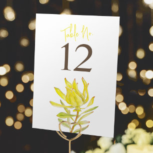 Wedding yellow leucadendron watercolor floral table number
