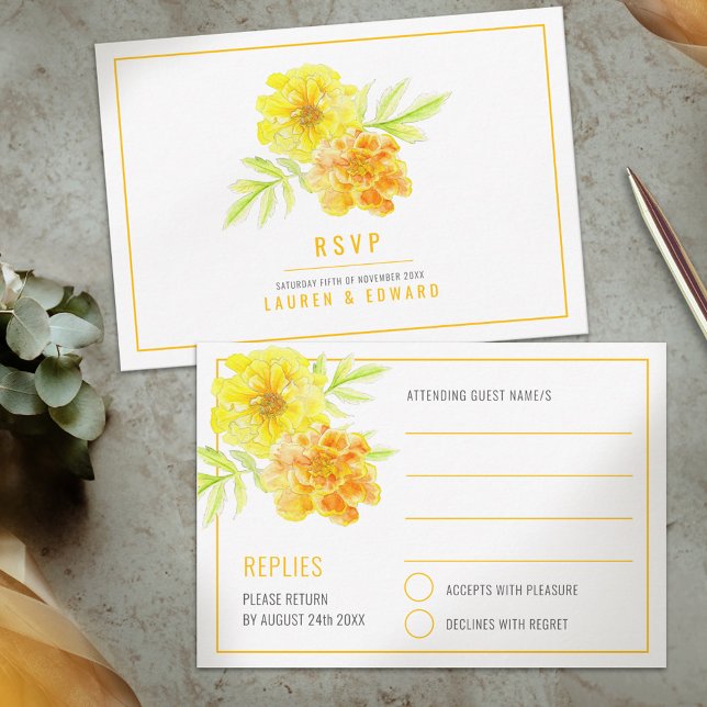 Wedding yellow marigold floral watercolor simple RSVP card (Creator Uploaded)