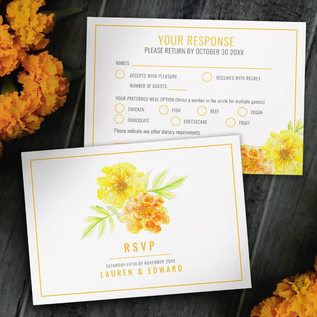 Wedding yellow marigold flowers hand watercolor RSVP card (Creator Uploaded)