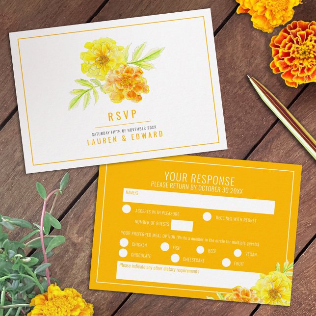 Wedding yellow marigold flowers hand watercolor RSVP card (Creator Uploaded)