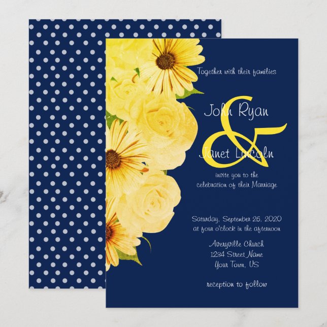 Wedding Yellow Roses & Daisies on Dark Blue Invitation (Front/Back)
