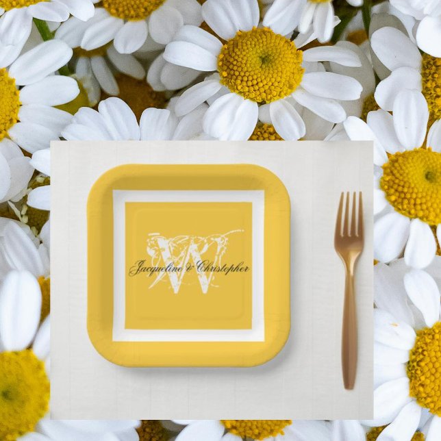 Wedding Yellow & White Chic Script Monogram Name  Paper Plate (Sunny yellow food safe paper plates with classic monogram for weddings/engagements & bridal showers.)