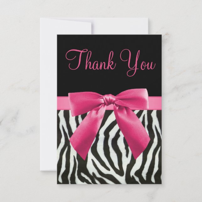 Wedding Zebra Stripes & Pink Printed Bow Thank You Card (Front)