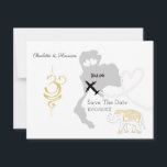 Weddings Abroad Thailand Save The Date<br><div class="desc">Stylish destination wedding save the date card for couples getting married in Thailand. With gold motifs inspired by buddhism symbols,  a silver grey silhouette map and white lucky Thai elephants. Very pretty and easy to customise with your personal details.</div>