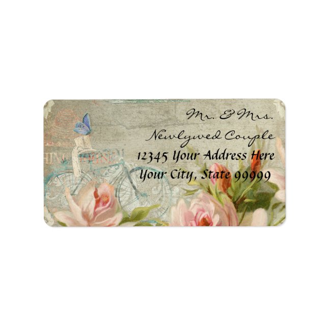 Weddings Hipster Bicycle Roses Rustic Wood Cottage Label (Front)