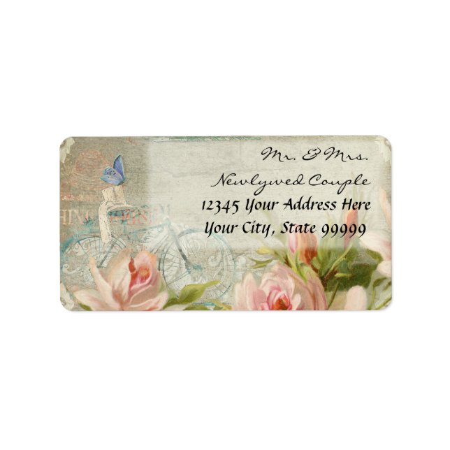 Weddings Hipster Bicycle Roses Rustic Wood Cottage Label (Front)