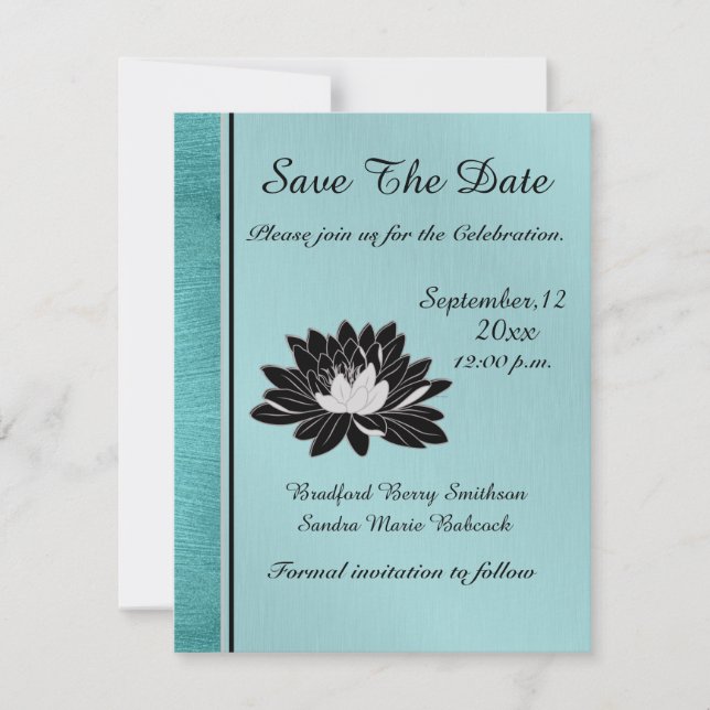 WeddingTeal Brush Metal, Black Floral Save The Date (Front)