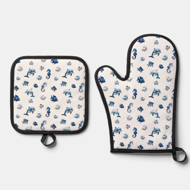 Wedgewood Blue Ocean Creatures! Oven Mitt & Pot Holder Set (Front)