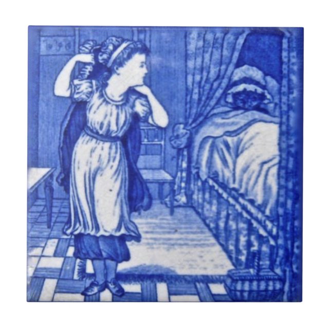 Wedgwood 1880 Red Riding Hood & Wolf Blue Tile (Front)
