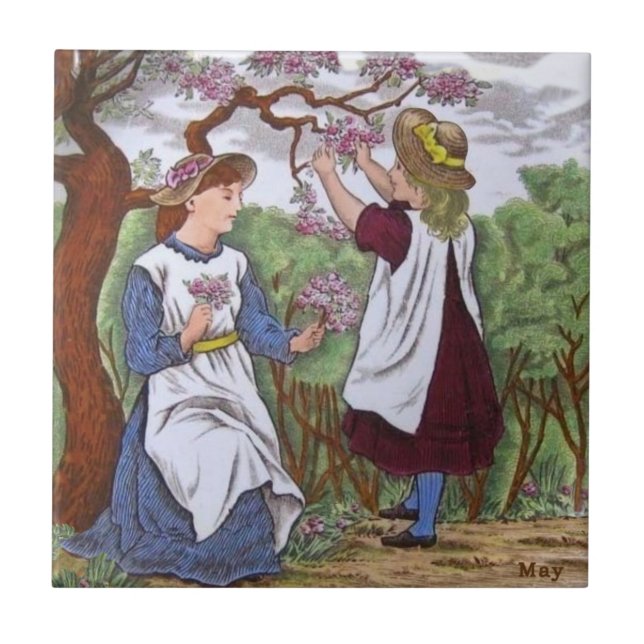 Wedgwood May Apple Blossoms Girls c1885 Repro Tile (Front)