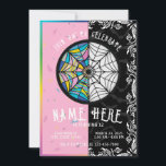 Wednesday Birthday Invitation<br><div class="desc">A vibrant graphic design features a circular stained-glass-like pattern divided in half,  one side with a colourful spiderweb design,  and the other side with a black and white spiderweb design,  against a backdrop of pink and black with decorative elements.</div>