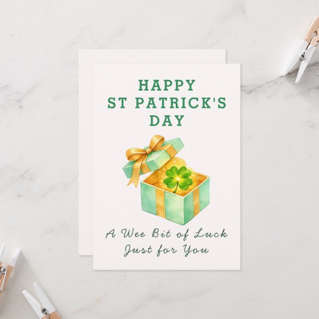 Wee Bit Luck Gift Box St Patrick Day Greeting Card (Front/Back In Situ)