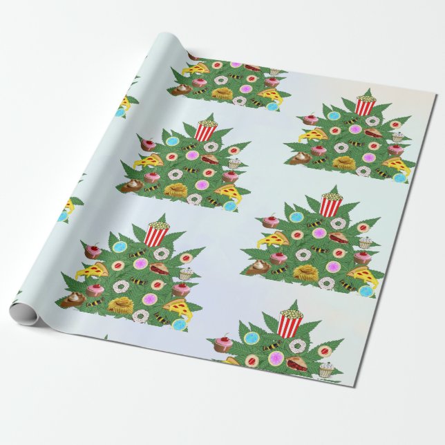 Weed Christmas Tree on Vape Cloud Background Wrapping Paper (Unrolled)