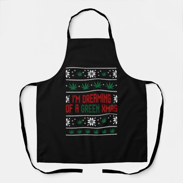 Weed Green Ugly Christmas Sweater Xmas Apron (Front)