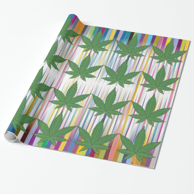 Weed Leaf Green on Colourful Prismatic Stripes Wra Wrapping Paper (Unrolled)