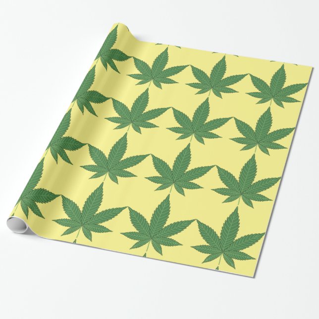 Weed Leaf Green on Sunny Yellow Wrapping Paper (Unrolled)