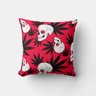 Weed Leaf Herbal Plant and Skulls on Red Cushion