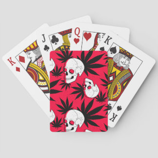 Weed Leaf Herbal Plant and Skulls on Red Playing Cards