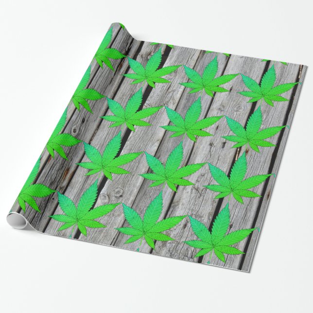 Weed Leaf on Rustic Wood Fence Personalised Wrapping Paper (Unrolled)