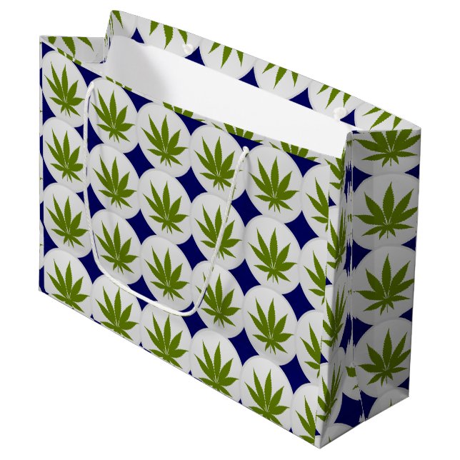 Weed Leaf on White and Midnight Blue Large Gift Bag (Front Angled)