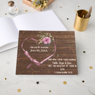 Weeding Pink Ribbon and Heart on Wood Guest Book