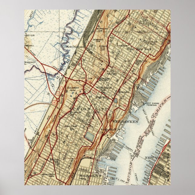Weehawken, Union City & West New York Map (1935) Poster (Front)