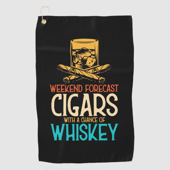 Weekend Cigars With A Chance Of Whiskey Golf Towel (Front)