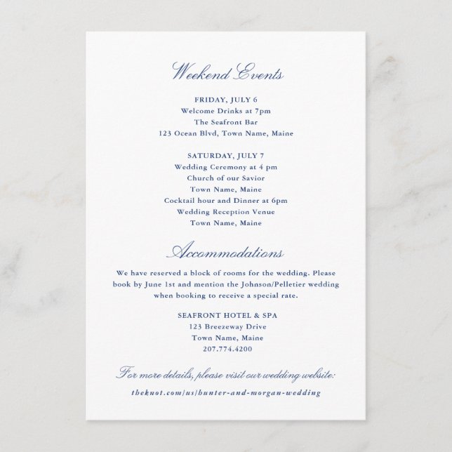 Weekend Events and Accommodations Insert Card  (Front)