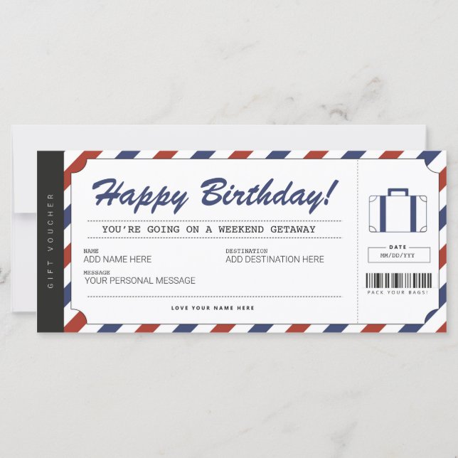 Weekend Getaway Birthday Gift Travel Voucher (Front)