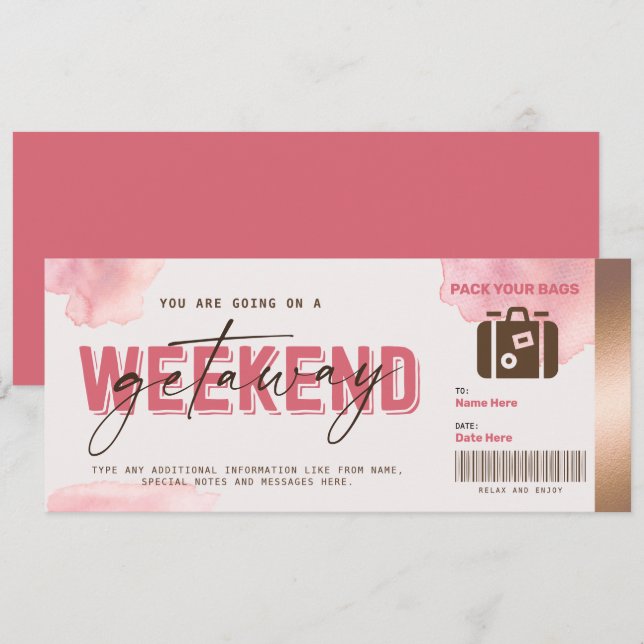 Weekend Getaway Gift Voucher Hotel Stay Ticket (Front/Back)
