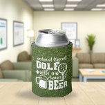 Weekend Golf Forecast Typography Can Cooler<br><div class="desc">"Weekend forecast golf with a chance of beer" white typography on green grass background with golf ball on tee and a foamy glass mug of beer.  Perfect for a golf themed birthday party,  graduation gift,  or retirement party.</div>