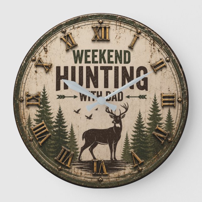 Weekend Hunting with Dad Rustic Deer Hunting Large Clock (Front)