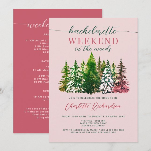 Weekend In The Woods Bachelorette Party Dusty Rose Invitation (Front/Back)