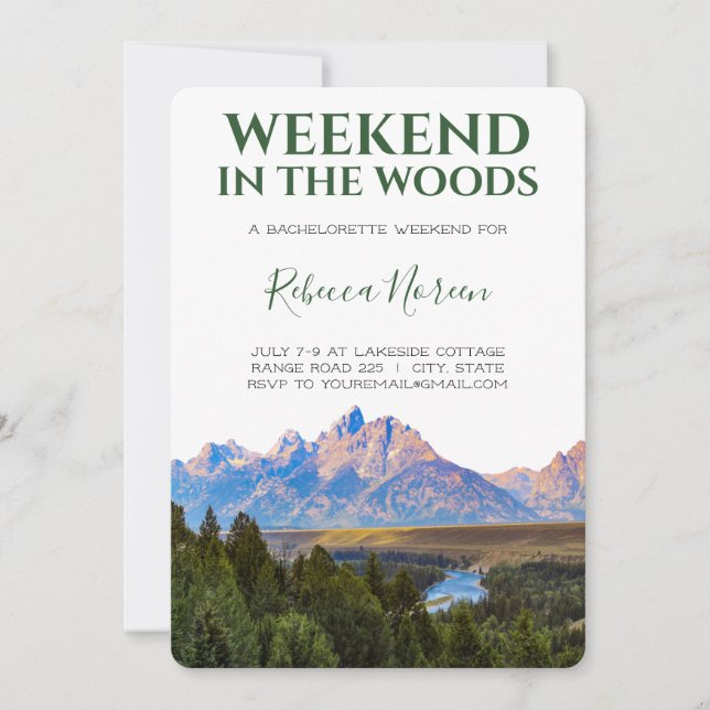 Weekend in the Woods Rustic Mountain Bachlorette  Invitation (Front)