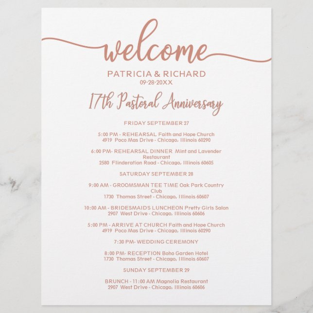 Weekend Itinerary Timeline Rose Gold (Front)