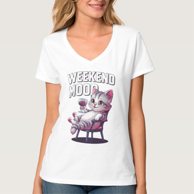 Weekend Mood Funny Cat Drinking  T-Shirt (Front)