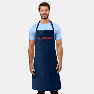 "Weekend" red letters navy blue apron