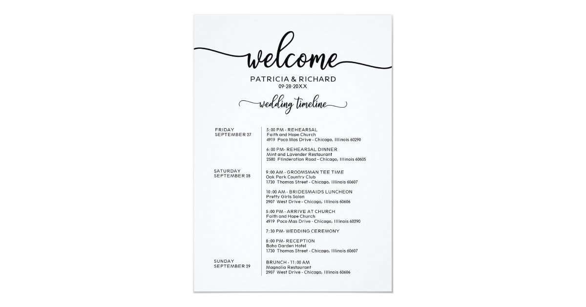 Weekend Wedding Schedule Elegant Calligraphy Invitation Zazzle.co.uk