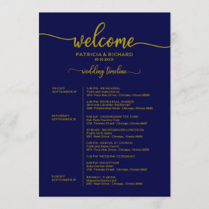 Weekend Wedding Schedule Elegant Gold Navy Blue Invitation