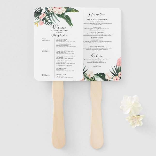 Weekend Wedding Schedule Tropical Floral Hand Fan (Front and Back)