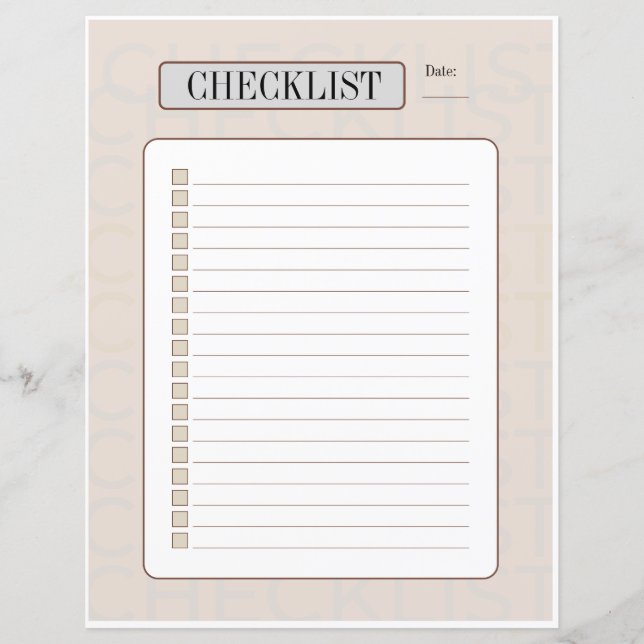 Weekly Checklist sheet (Front)