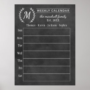 Weekly Family Calendar   Chalkboard Monogram Poster