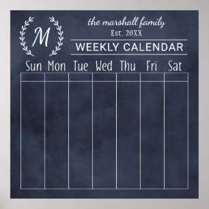 Weekly Family Calendar   Chalkboard Monogram Poster