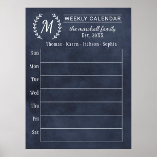 Weekly Family Calendar   Chalkboard Monogram Poster
